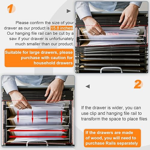 Miniatura 5 de Juego de 24 rieles de archivo colgantes y clip, 16 clips de aluminio para colgar, 8 rieles de gabinete de PVC, soporte de cajón, pasadores de riel