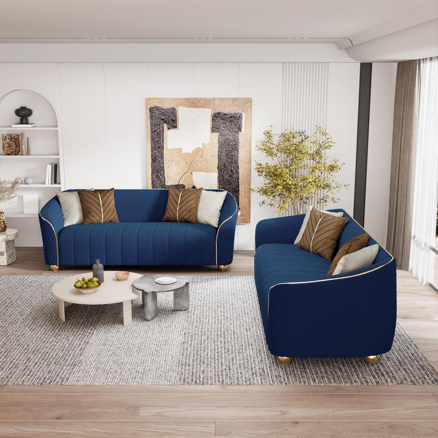 2-Piece Velvet Couch Sofa Set,85" Comfy Living Room Furniture Set 3 Seater Upholstered Sofa with Gold Legs & 8 Pillows for Home,Office Apartment