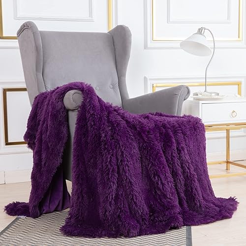 Miniatura 2 de YUSOKI Manta de piel sintética morada, 2 capas, 50 x 60 pulgadas, acogedora manta de felpa esponjosa, cálida, bonita manta lanuda para otoño, cama,