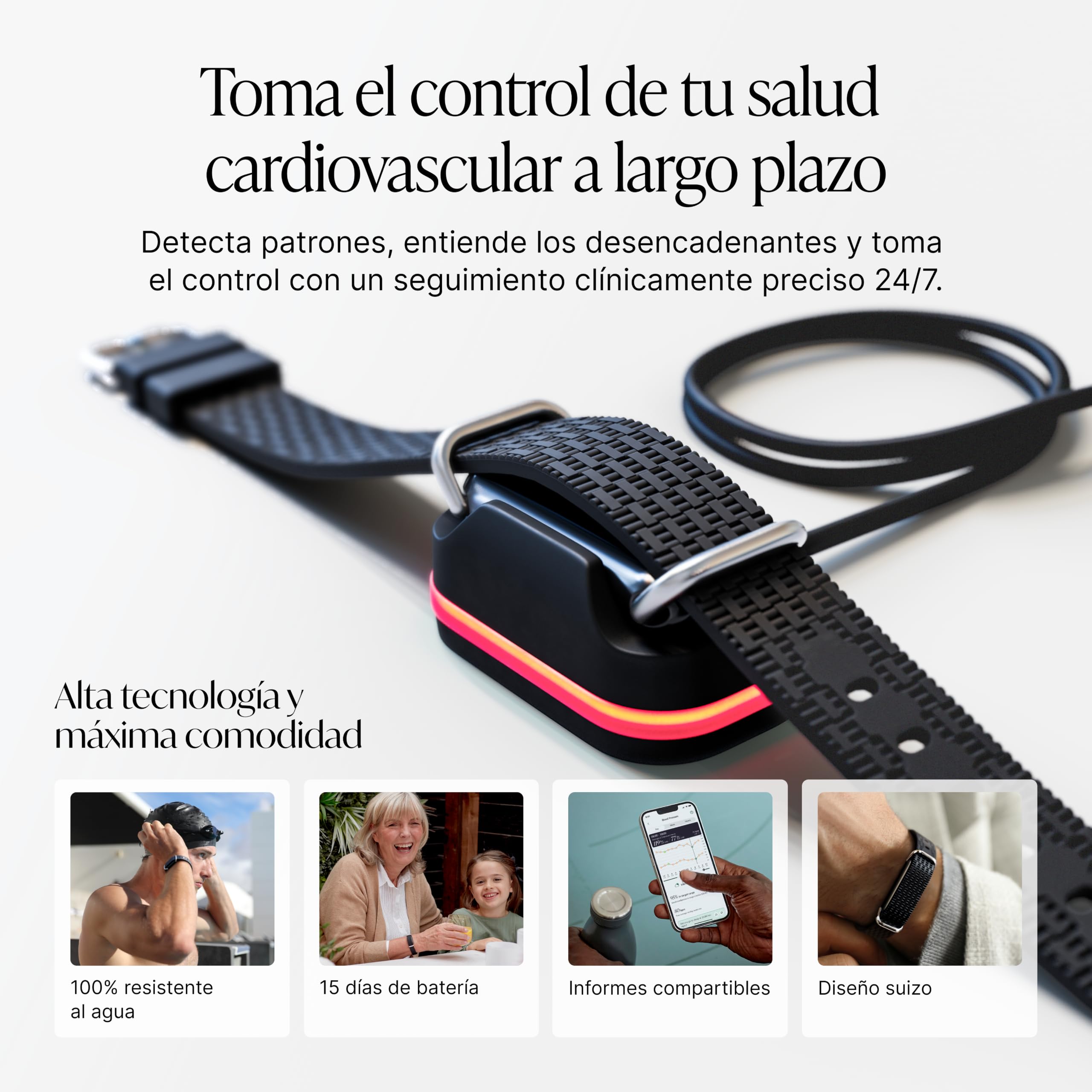 Hilo Pulsera Tensiómetro Inteligente 24/7 | Dispositivo Médico Validado Clínicamente Sin Manguito | Seguimiento Sueño, Frec. Cardíaca & Pasos | IP68 Batería 15 Días | Suscripción 12 Meses Incluida
