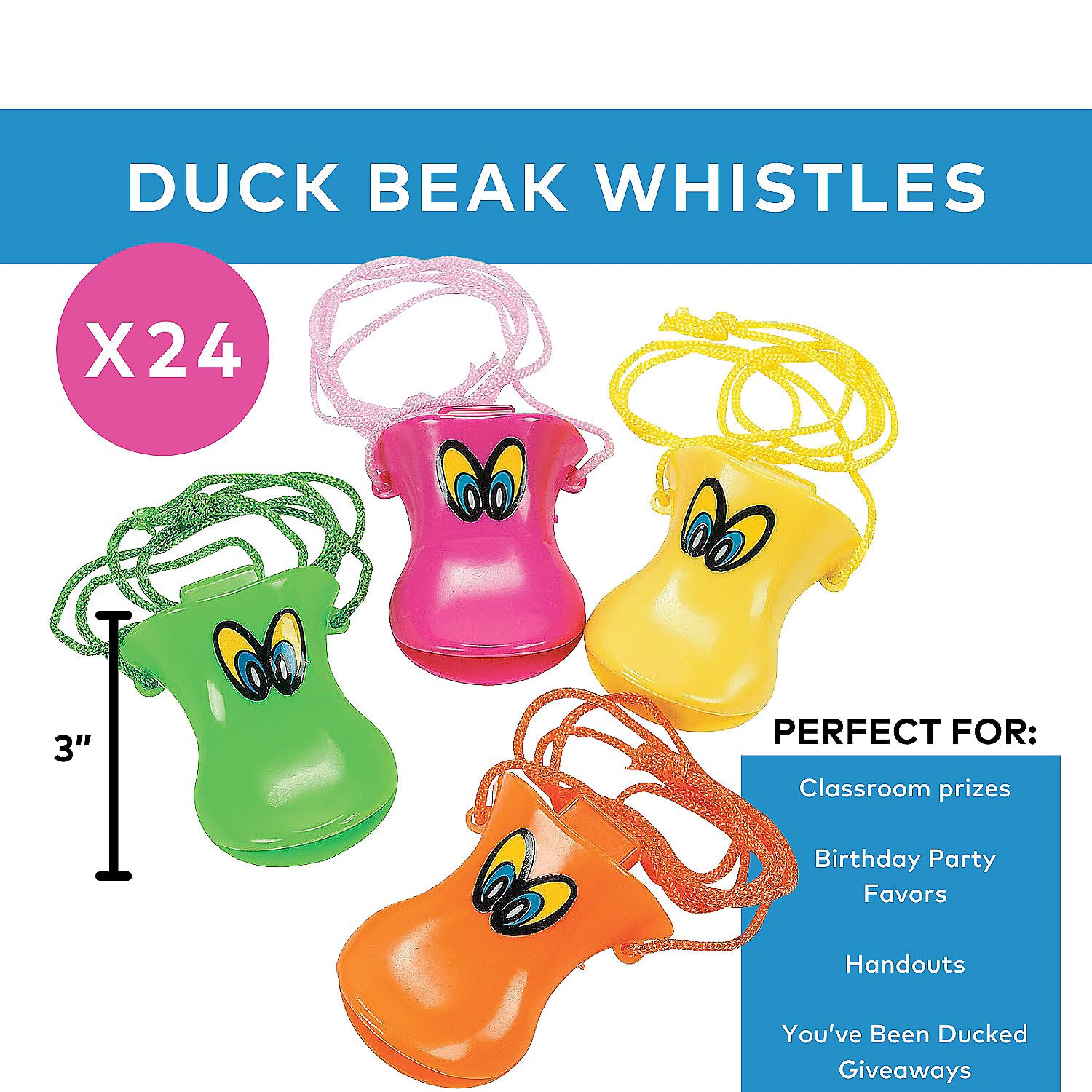 Fun Express Bright Colorful Duck Beak Plastic Whistles - 24 Fun Party Toys for Kids, Great for Events, Games, and Outdoor Activities - Vibrant Colors - 24 Pieces