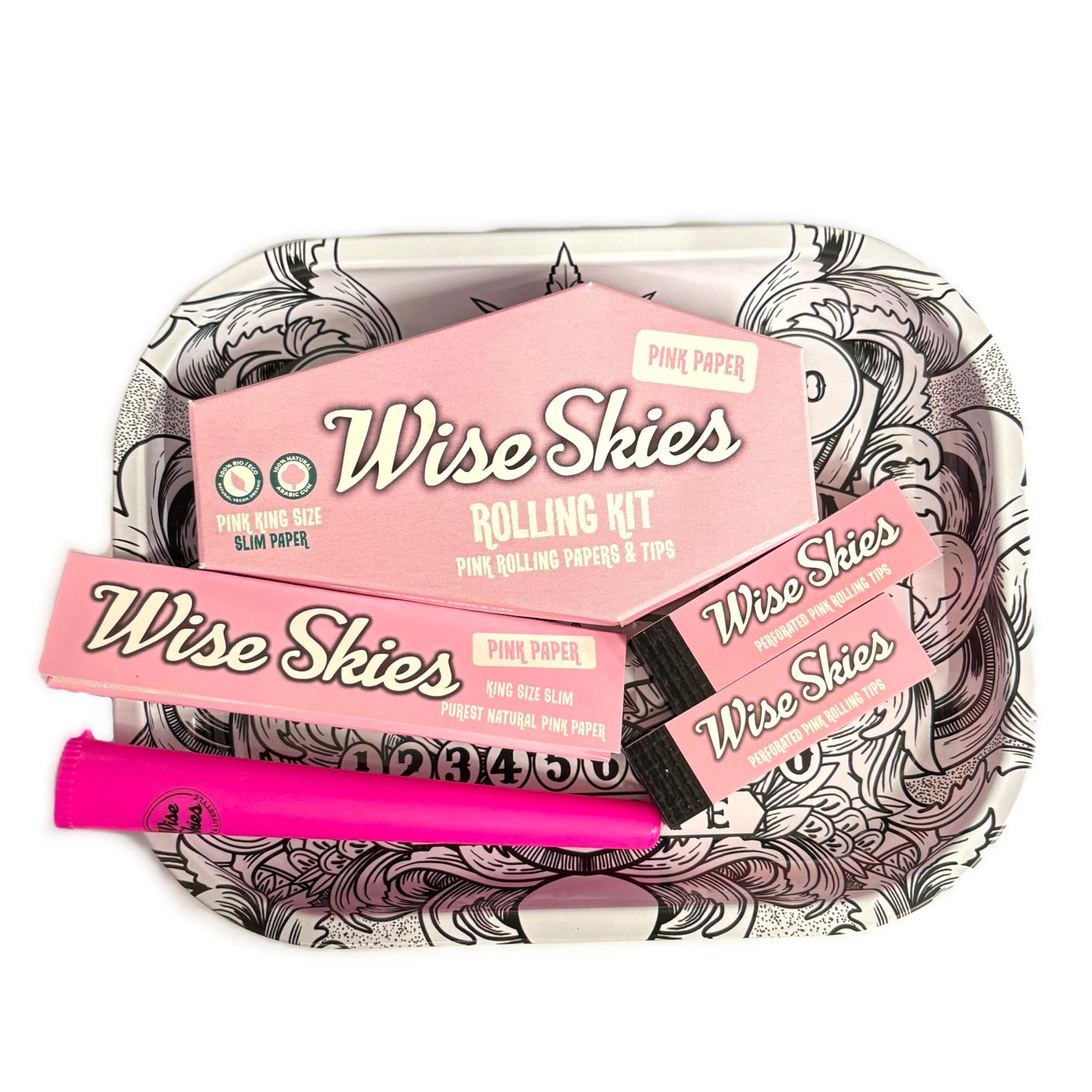 Wise Skies Pink Spirits Small Rolling Tray Gift Set With Wise Skies Pink Coffin Rolling Kit Papers Tips Holder Gothic Cute Bundle For Cigarette Rolling Accessories
