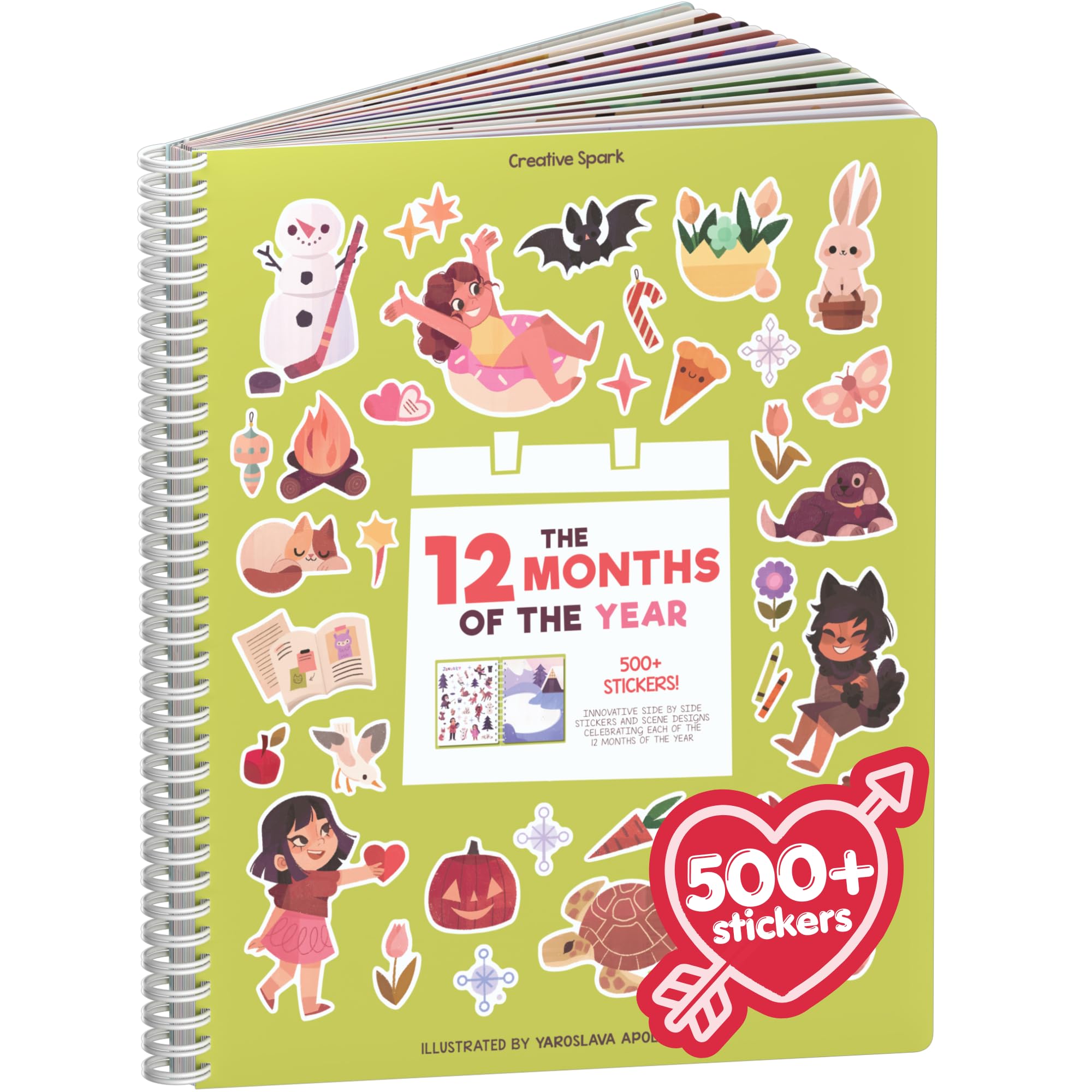 12 Months Sticker + Coloring Book (500+ Calendar Stickers for Kids & 12 Coloring Pages) Side by Side Activity Book, Fun Sticker Books, Boys & Girls