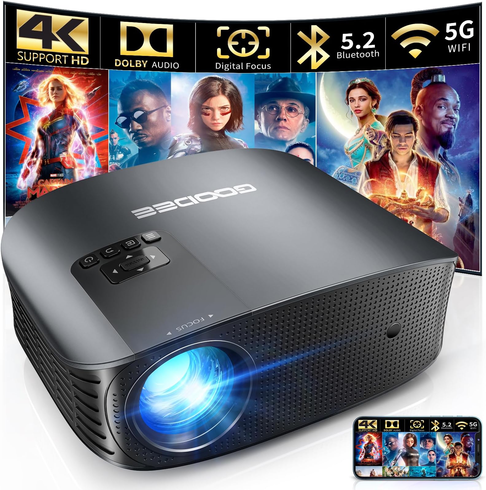 GooDee Projector 4K with WiFi and Bluetooth Supported, FHD 1080P Mini Portable Projector for Outdoor Moives, 5G Video Projector for Home Theater Dolby Audio Zoom TV Stick PPT (YG600 Plus)