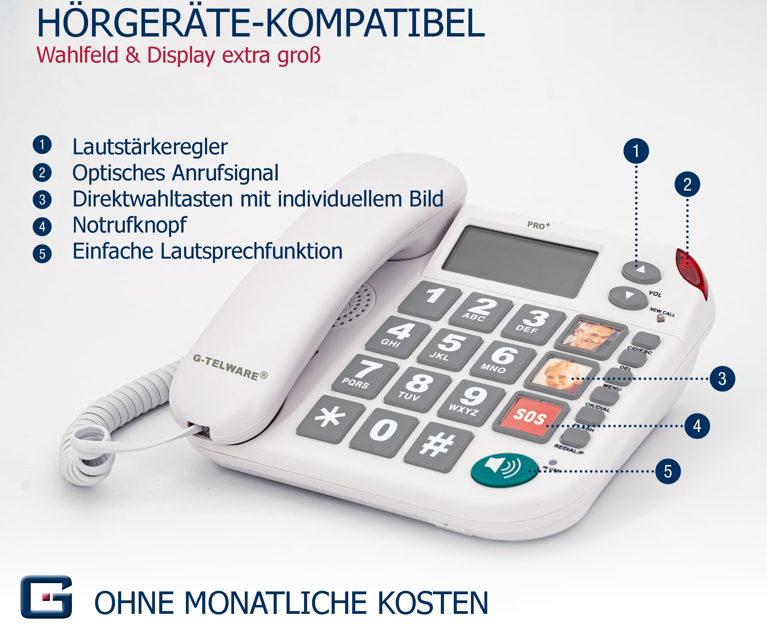 PRO+(G-TELWARE®) - Seniorentelefon Festnetz mit Notfallarmband | mit Notruf-Kette für garantierte Erreichbarkeit | Hausnotruf für Angehörige - mit SOS Armband und Notrufknopf für Senioren