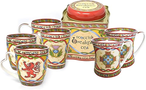 Juego de 2 tazas escocesas de cardo y 2 tazas de león desenfrenado y 2 tazas de cruz celta de China, tejido celta y té de desayuno, lata