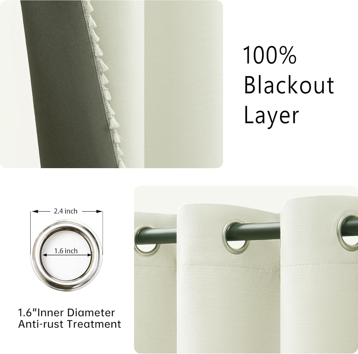 Cream Blackout Curtains 84 Inch Long,Light Beige Linen Boho Black Out Curtians with Tassels for Living Room Bedroom Thermal Insulated Soundproof Grommet Window Treatments Drapes 52x84