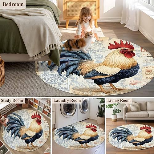 Miniatura 6 de 5ft Round Rug, Retro Rooster Non-Skid Rubber Backing Large Area Rugs - Living Room Bedroom Home Office, Watercolor Pastoral Animals Botanical Indoor