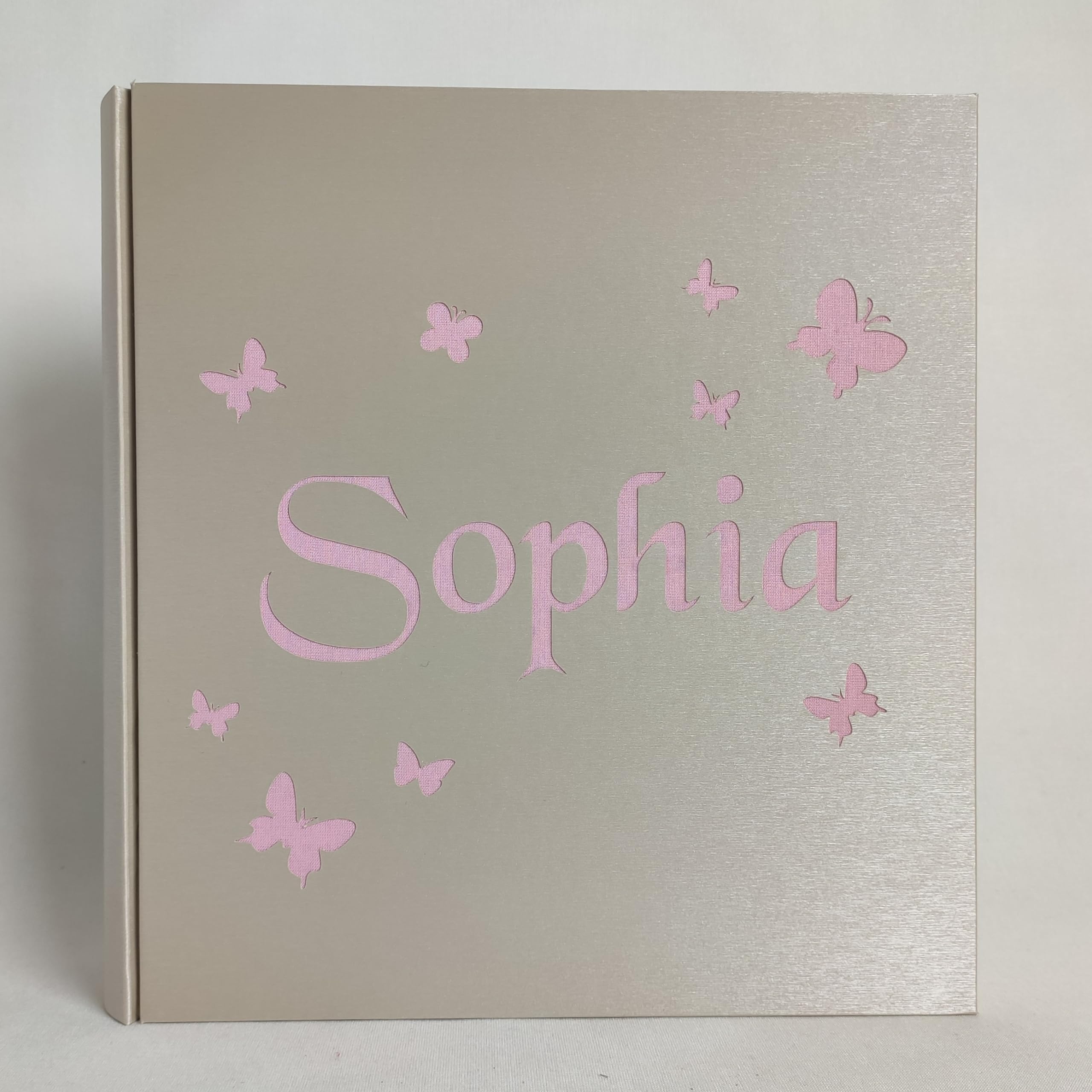 Album fotografico in TELA DI LINO FARFALLE con NOME BAMBINA INCISO E PERSONALIZZABILE A TUA SCELTA regalo originale NASCITA-BATTESIMO-COMPLEANNO-PRIMA COMUNIONE-CRESIMA COLORI PERSONALIZZABILI