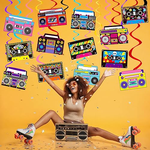 Miniatura 7 de Cinta de cassette Boombox para colgar, 20 piezas de decoración de cumpleaños de radio retro de los años 80 y 90, serpentinas de techo, cinta de