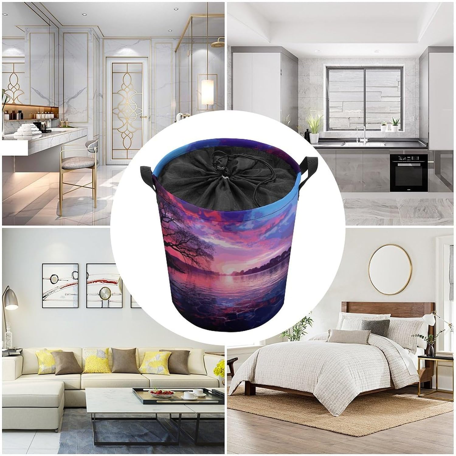Purple Sunset on Water Laundry Basket Collapsible Clothes Hamper with Reinforced Handles Large Capacity Waterproof Laundry Bag Freestanding Laundry Hamper for Bedroom Bathroom