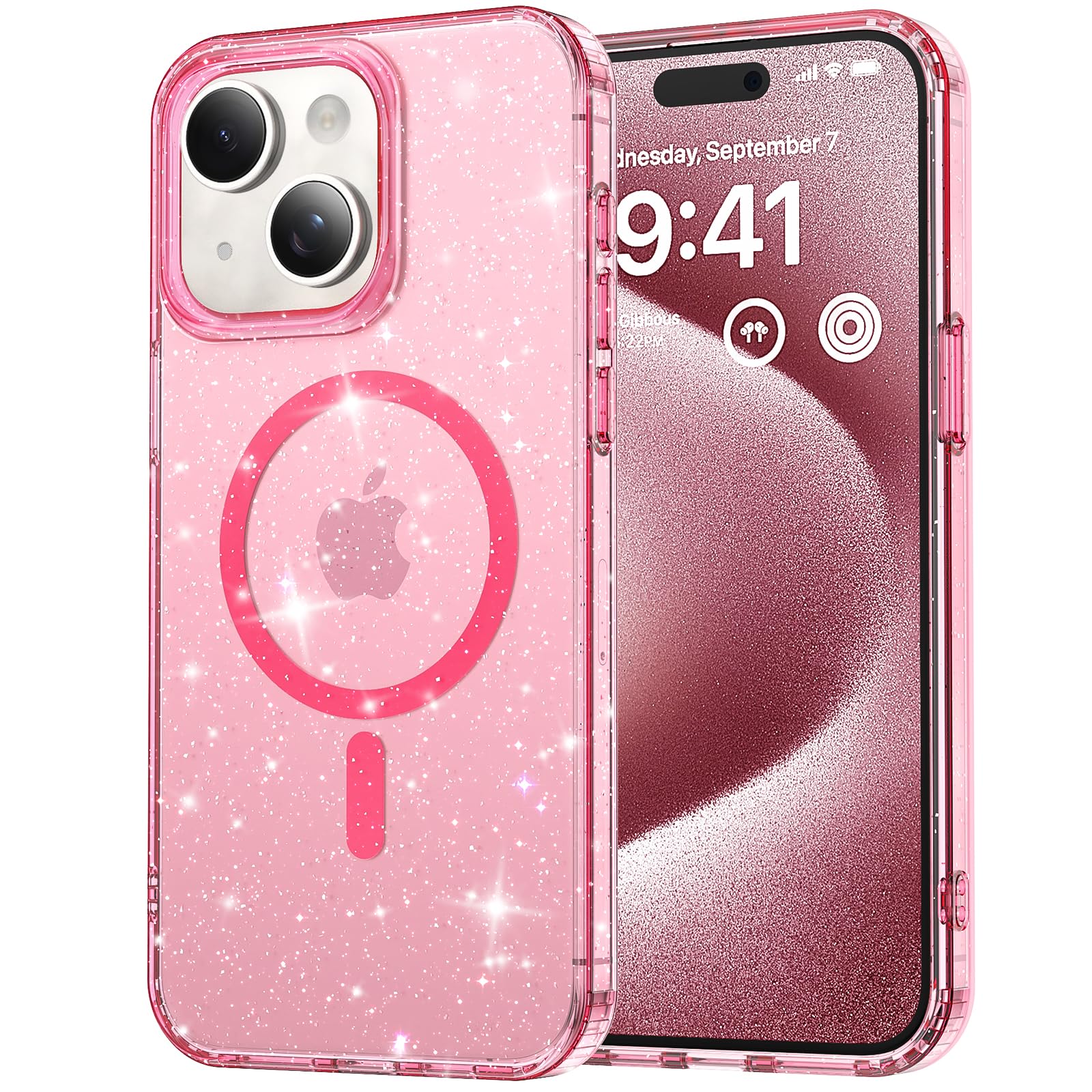 R-funCrystal Glitter Magnetic Case for iPhone 13/iPhone 14 Case, [Anti-Yellowing] [Military-Grade Protection] Compatible with iPhone 13/14 (6.1 inch), Rose Pink