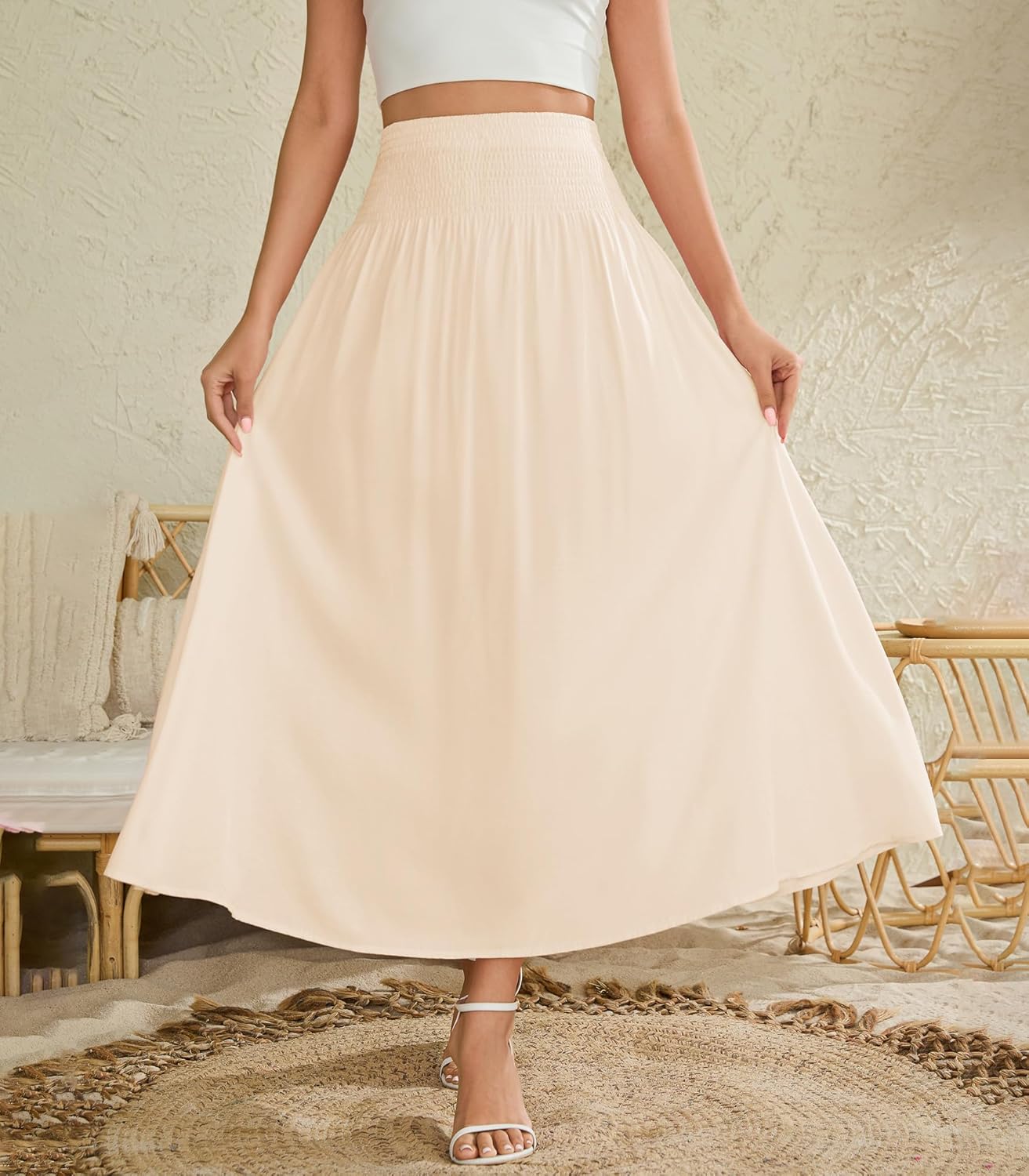 Women's Elastic High Waisted Midi Skirts with Pockets Trendy A-Line Flowy Swing Basic Skirt - Image 7