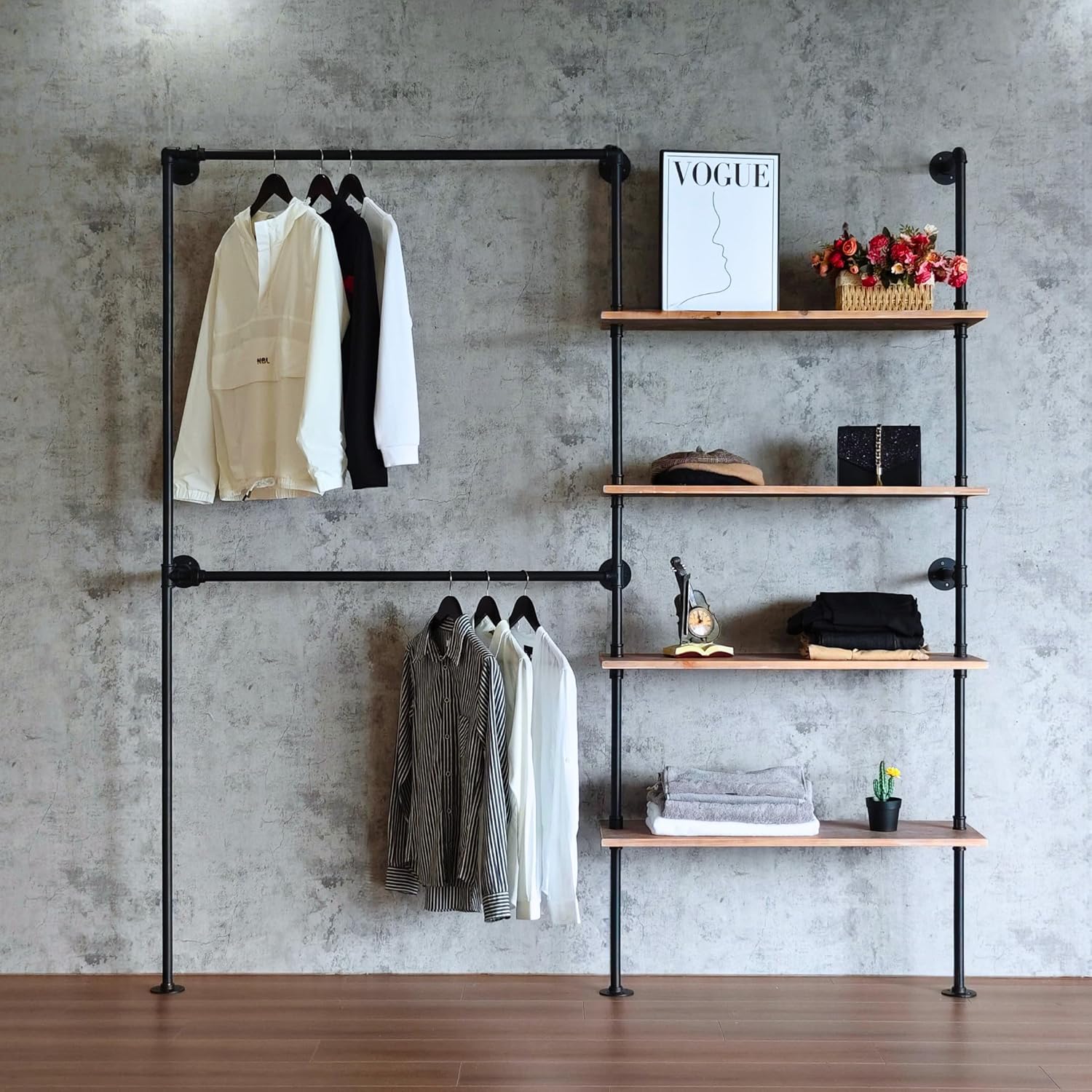 Industrial Pipe Clothing Rack, Wall Mounted Garment Hanging Rack with Shelves, 14.6x76x82.7 Inches, Model Y02