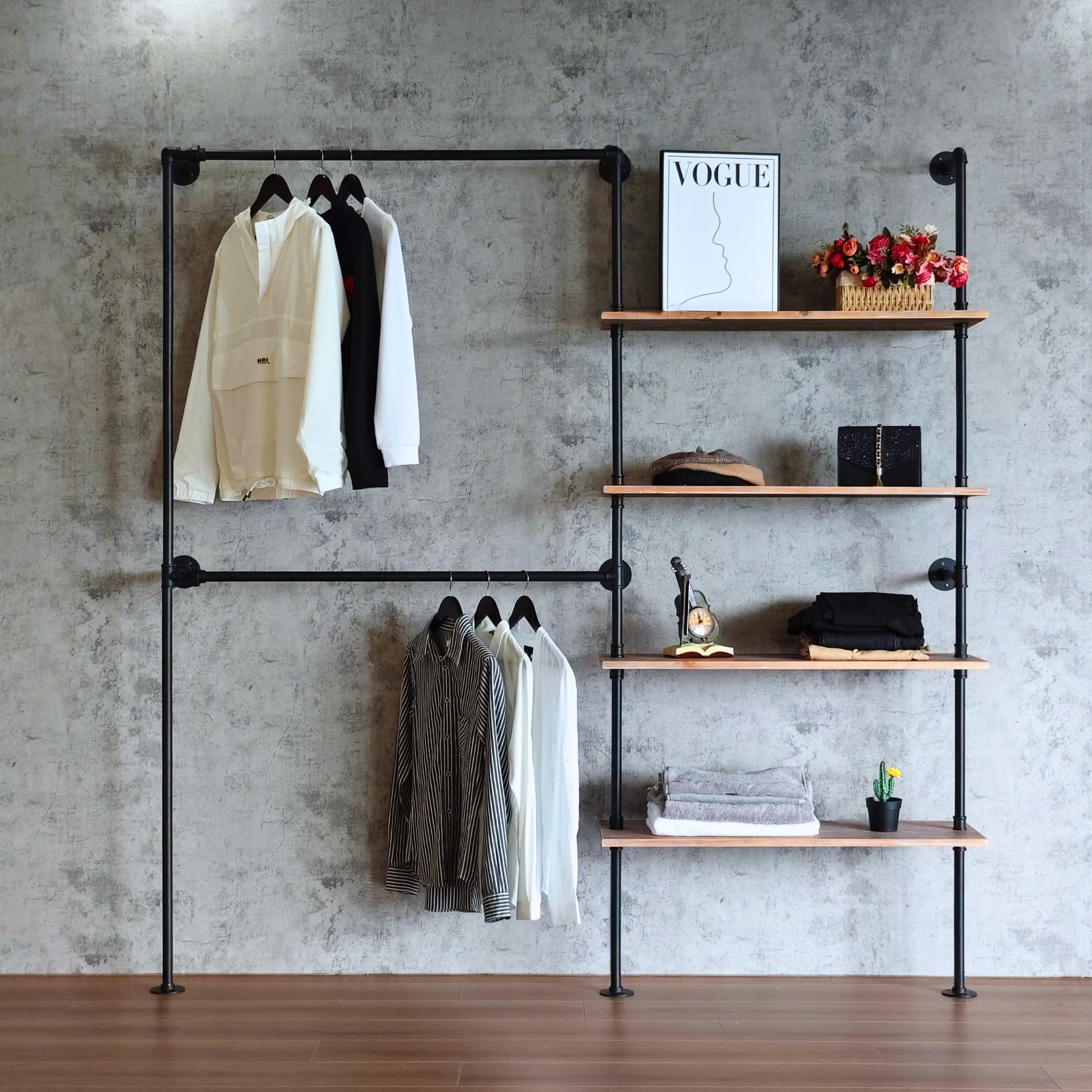 Industrial Pipe Clothing Rack, Wall Mounted Garment Black Wall Hanging Clothing Rack, Heavy Duty Clothes Rack for Walk in Closet Storage, Laundry Room, 14.6x76x82.7 Inches, Model Y02
