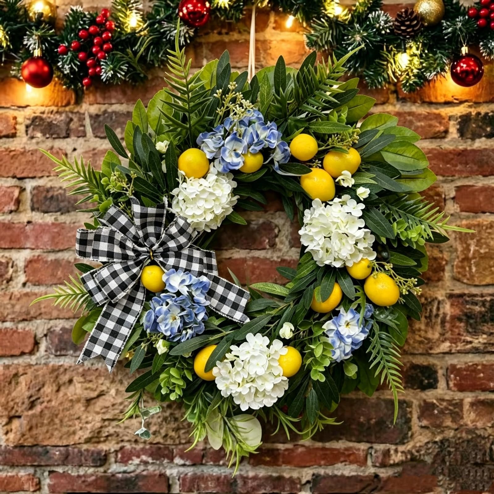 Künstlicher Sommer Deko Kranz, 45/55cm Grüner Frühlings-Sommer-Kranz, Künstlicher Zitronen Türkranz mit Blau-weißen Hortensien & Karo-Schleife, für Haustür und Wand (55 cm)