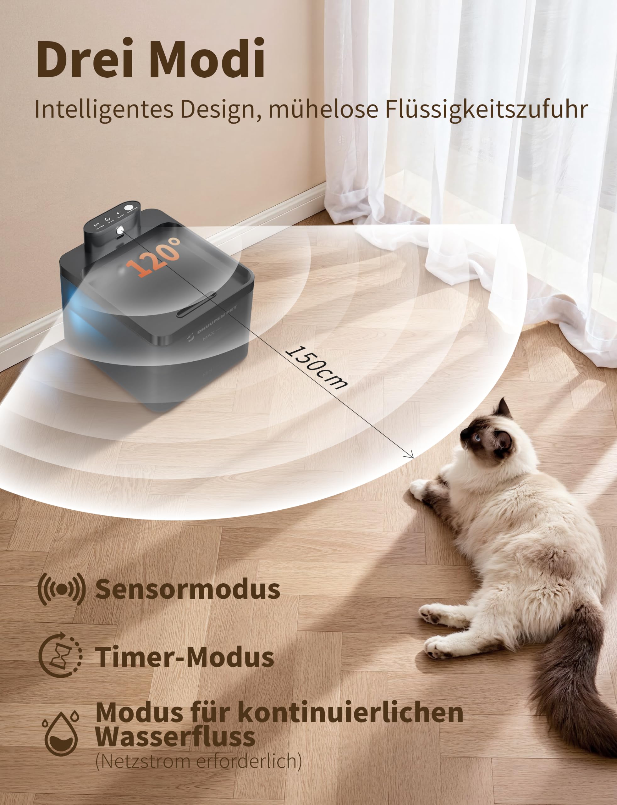 Katzenbrunnen, 2,2 L, kabellos mit LED, Bewegungsmelder, leise Pumpe 30dB, Batterie 2600mAh, Premium-Filtration