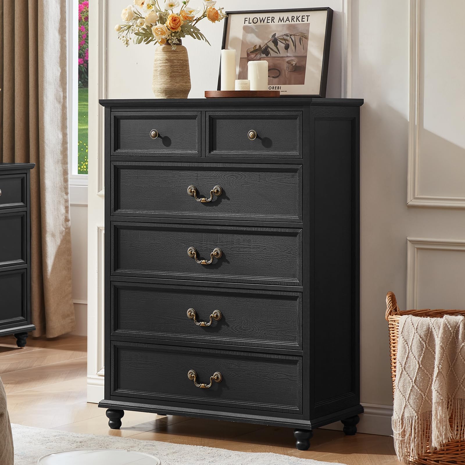 Joaxswe Farmhouse 6 Drawer Dresser for Bedroom, 42" Tall Rustic Chests of Drawers w/ 4 Solid Wood Feet, Mid Century Modern Wooden Closet Storage Dressers Organizer for Living Room, Hallway,Black