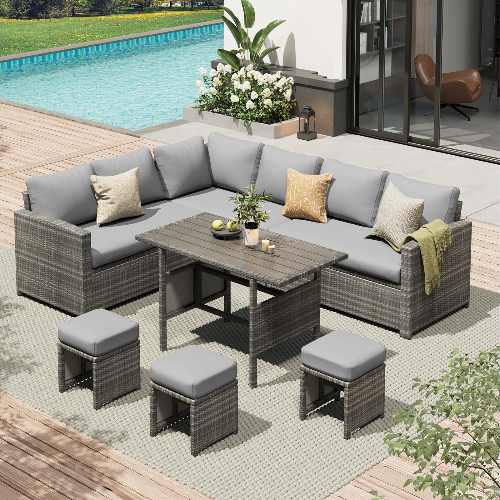 AECOJOY Outdoor Patio Furniture Set, 7 Pieces Clearance Sectional Rattan Dining Table&Chairs, All Weather Wicker Conversation Sofa Couch with Ottoman, Grey Cushions&Grey Rattan