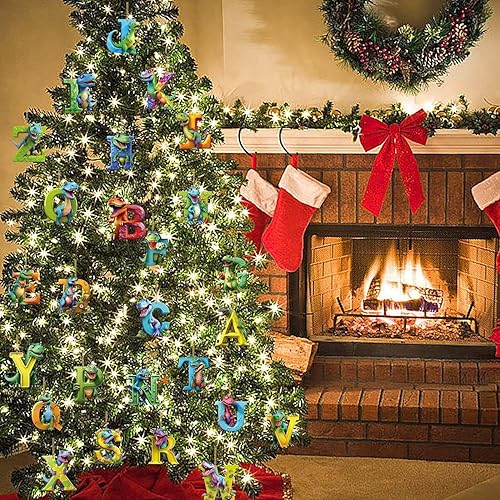 Miniatura 6 de Adornos de dinosaurio de Navidad con dije de dibujos animados de 26 letras, figuras de dinosaurio de acrílico, regalo colgante para árbol de