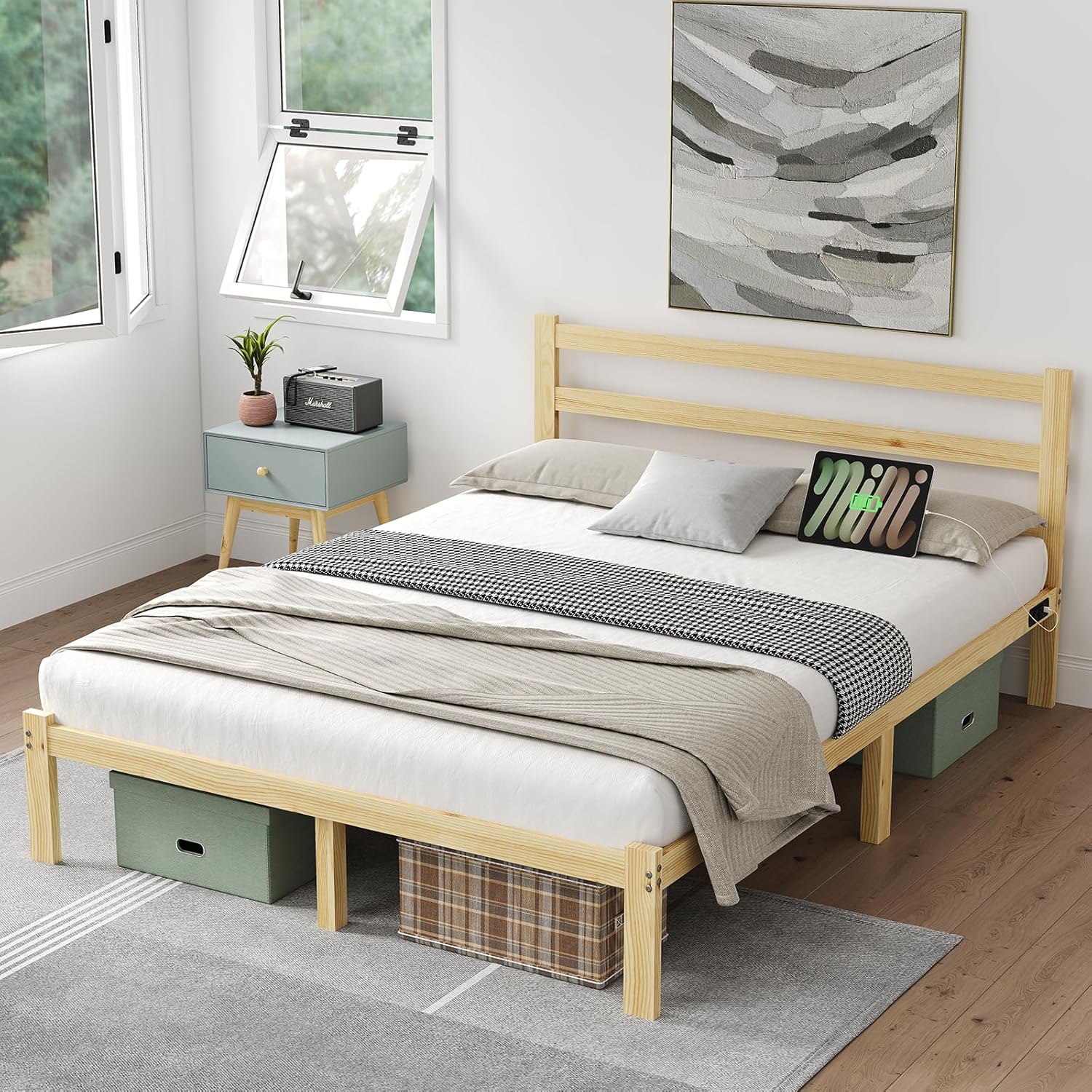 Wooden Full Size Bed Frame with Headboard, Wood Platform Bed Frame with Charging Station, Solid Wood Slat Support, 8.6 Inch Space Underneath, No Box Spring Needed, Easy Assembly