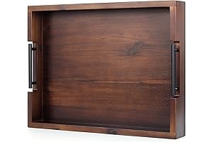 Acacia Wood Vintage Style Ottoman Tray with Black Metal Handles