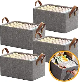 4 Caixas Organizadoras Dobráveis para Guarda-Roupa e Gavetas – Cestos Organizadores em Tecido com Alças, Cinza, Multiuso para Roupas e Closet (Reforçado)