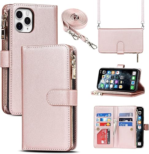 Cavor Funda tipo cartera cruzada para iPhone 11 Pro Max con ranuras para tarjetas, piel sintética de alta calidad, cierre magnético con cremallera,