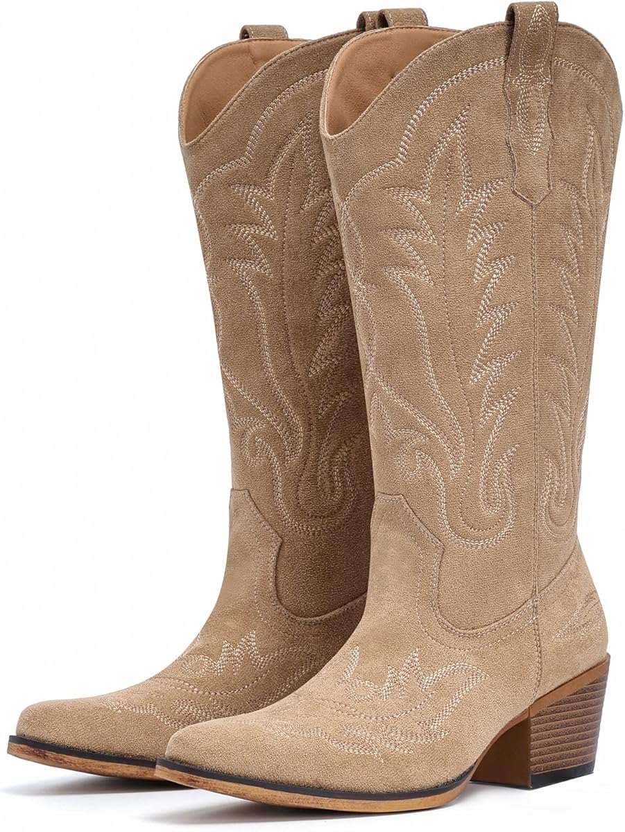 Amazon.com | Fioralie Suede Cowboy Boots for Women Western Mid Calf Cowgirl Boots with Embroidered, Retro Snip Toe Fashion Boot With Chunky Block Heel Summer Fall Country Music Festival Cowboy Chic | Mid-Calf