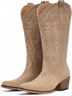 Fioralie Suede Cowboy Boots for Women Western Mid Calf Cowgirl Boots with Embroidered, Retro Snip Toe Fashion Boot With Ch...