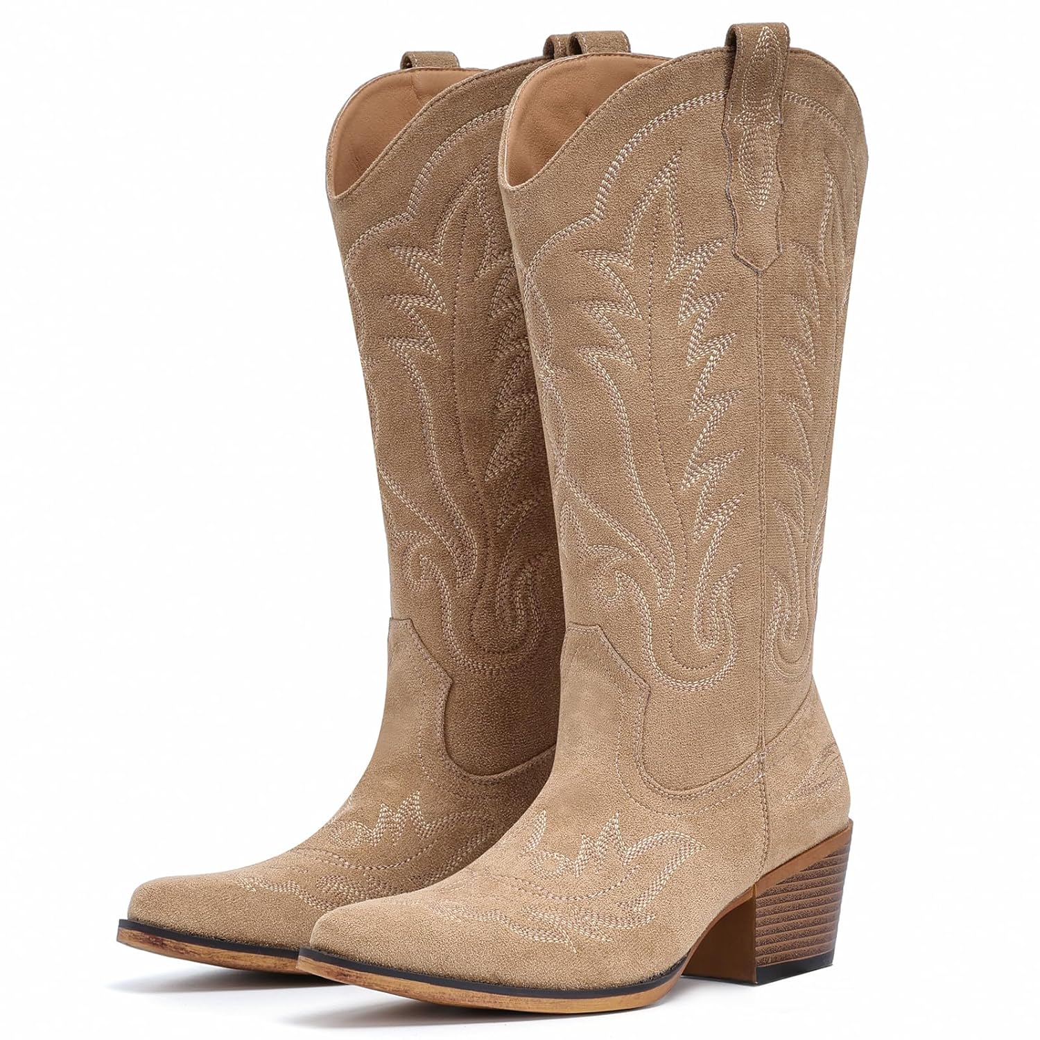 Suede Cowboy Boots for Women Western Mid Calf Cowgirl Boots with Embroidered Retro Snip Toe Fashion Boot With