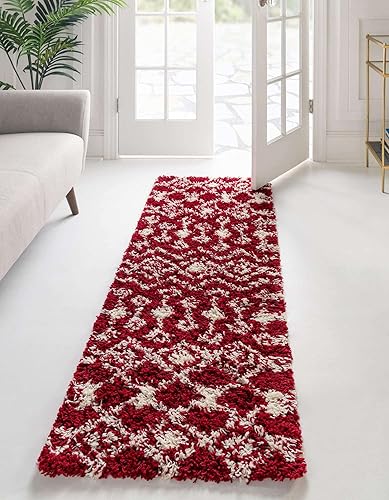 Miniatura 4 de Unique Loom Moroccan Trellis Shag Collection - Alfombra de área Meknes (2 x 5 pies 1 pulgada, color rojo burdeosmarfil)