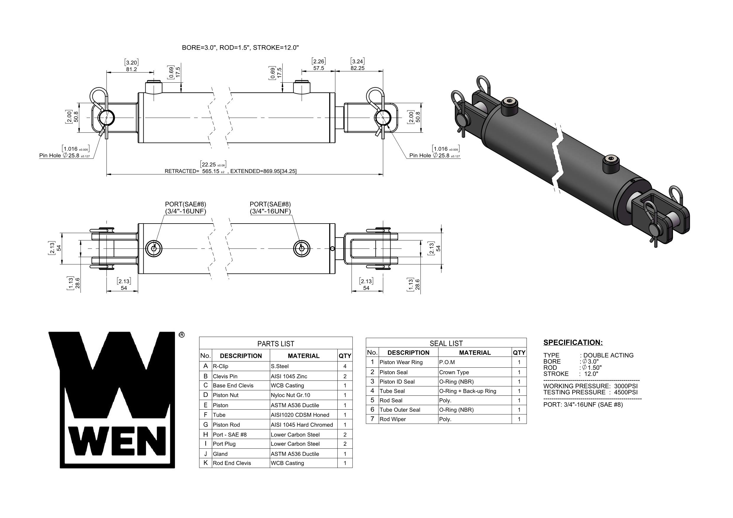 WEN CC3012 Clevis Hydraulic Cylinder with 3 Bore and 12-inch Stroke, Black