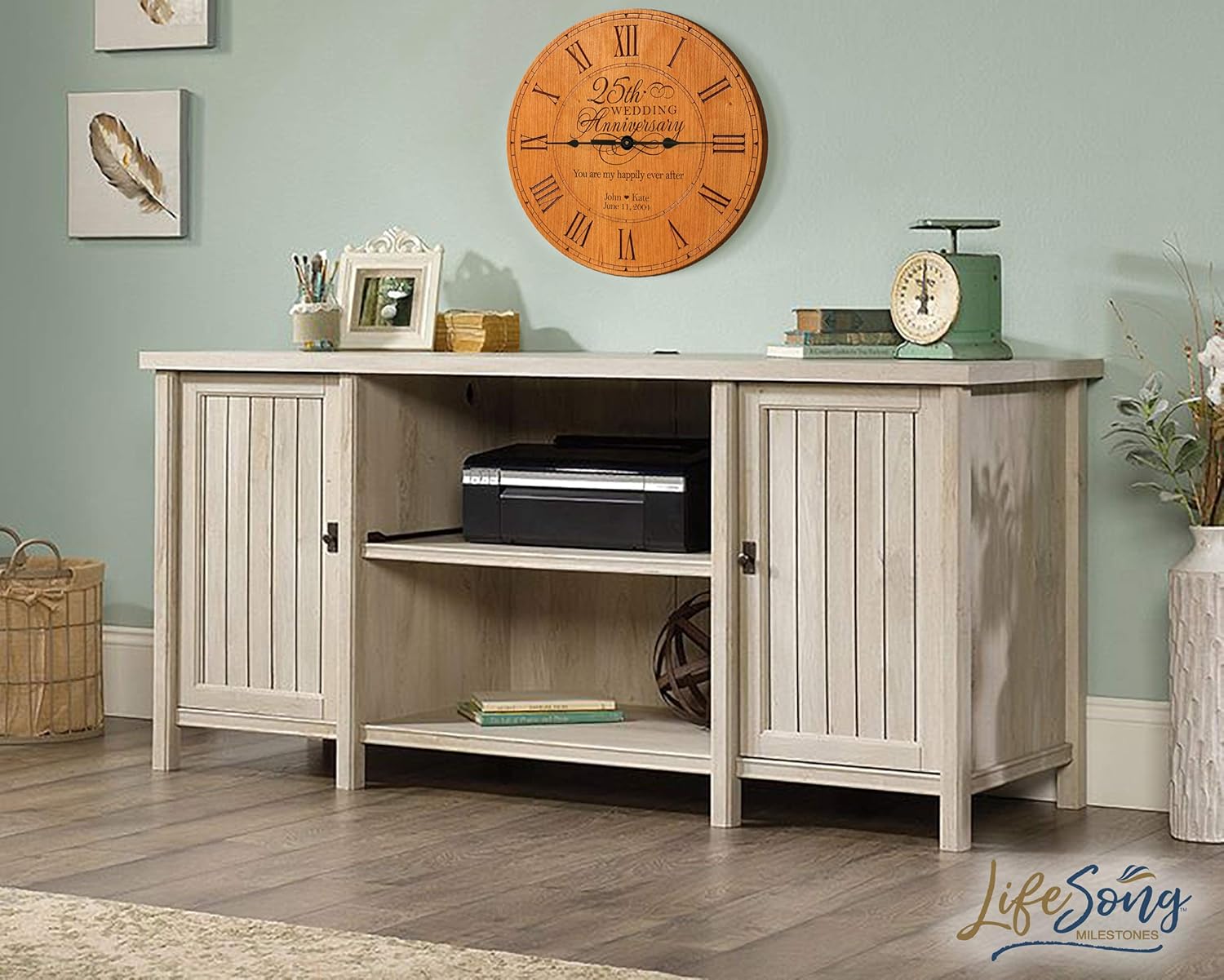 LifeSong Milestones Personalized 25th Anniversary Engraved Cherry Wall or Desktop Clock for Living Room Bedroom, Kitchen, Office, New Home, Couples Gift 12 Inch Diameter (Happily Ever After)