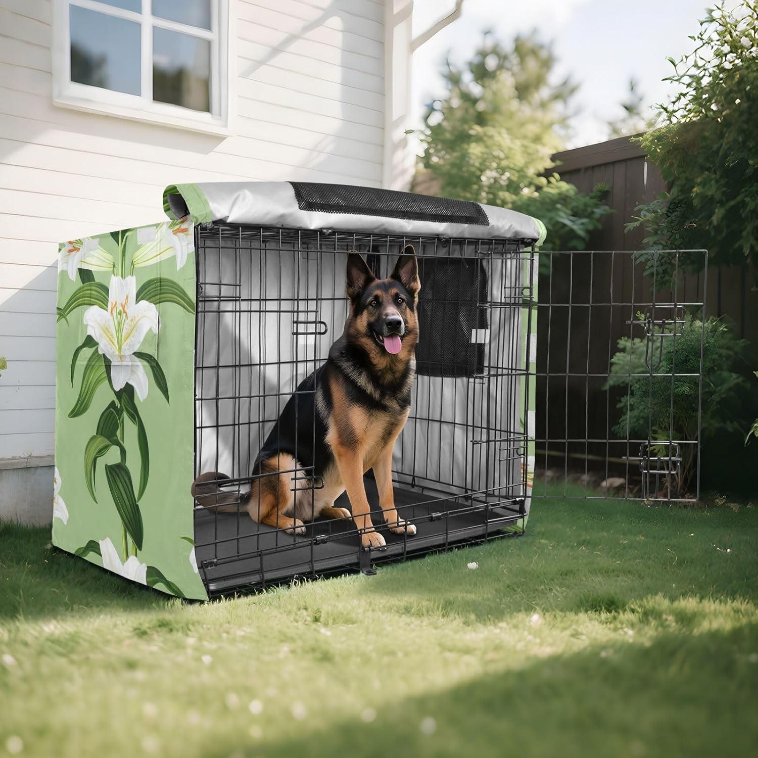 Floral White Lilies Green Leaves Dog Crate Covers Windproof, S-XL UV-Resistant Cage Cover for Indoor Pets, X-Large