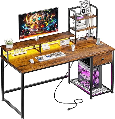 EnHomee Escritorio para computadora de 44 pulgadas con alacena y cajones, escritorio reversible para oficina en casa con estante para monitor,