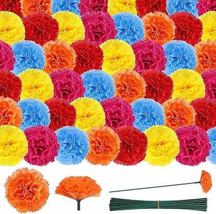Bigmeta 50 Pcs Day of The Dead Marigold Flowers Heads - Dia De Los Muertos Decorations, Artificial Silk DIY Marigold with Stems for Altar Diwali Mexican Party Halloween Home Decor (Multi-Color)