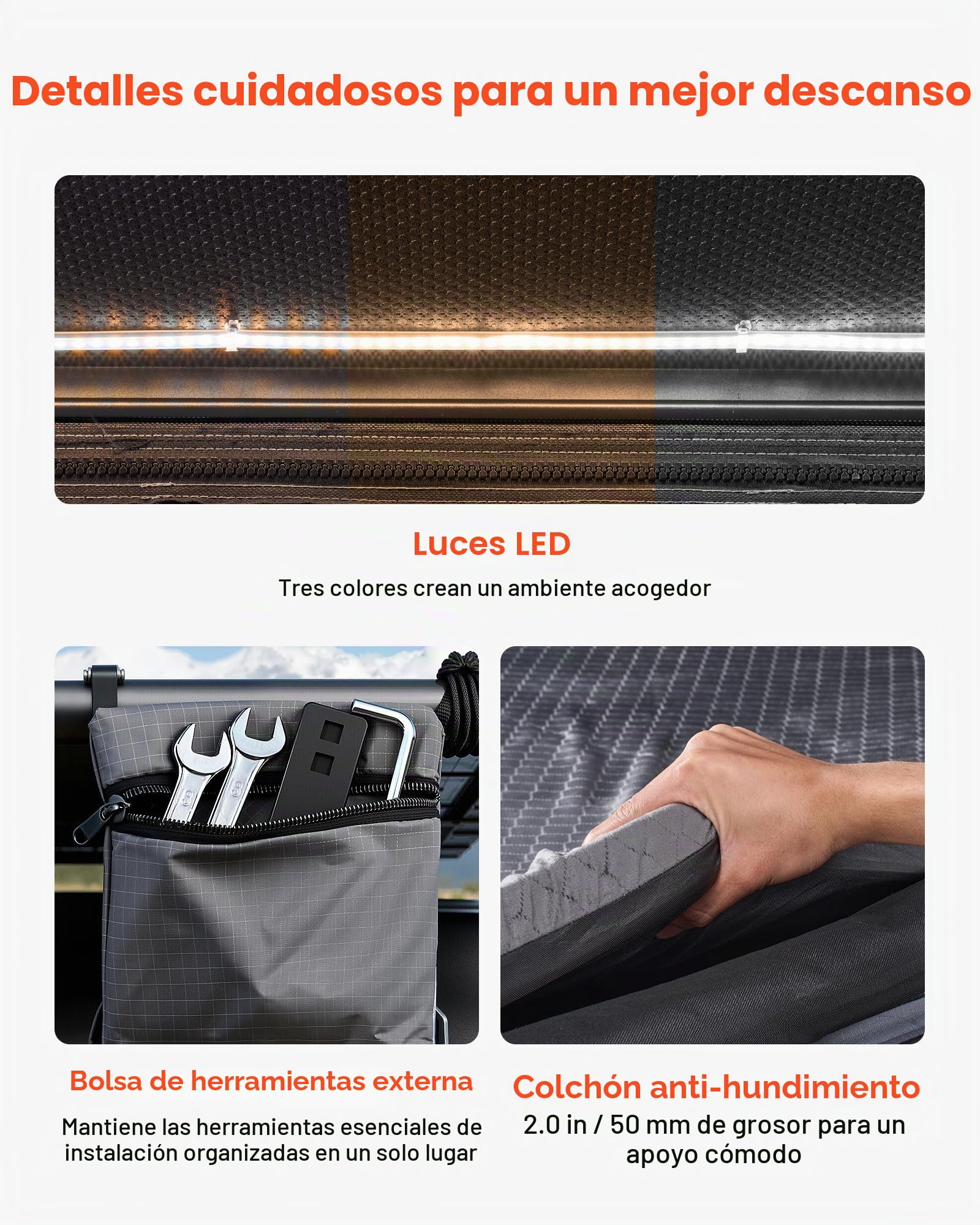 VEVOR Tienda de Techo Rígida para 2-3 Personas, Tienda de Campaña para Techo de Coche con Luz LED, Colchón Grueso, Impermeable y Resistente al Viento, para Camping Viajes en Jeep, SUV, Camionetas
