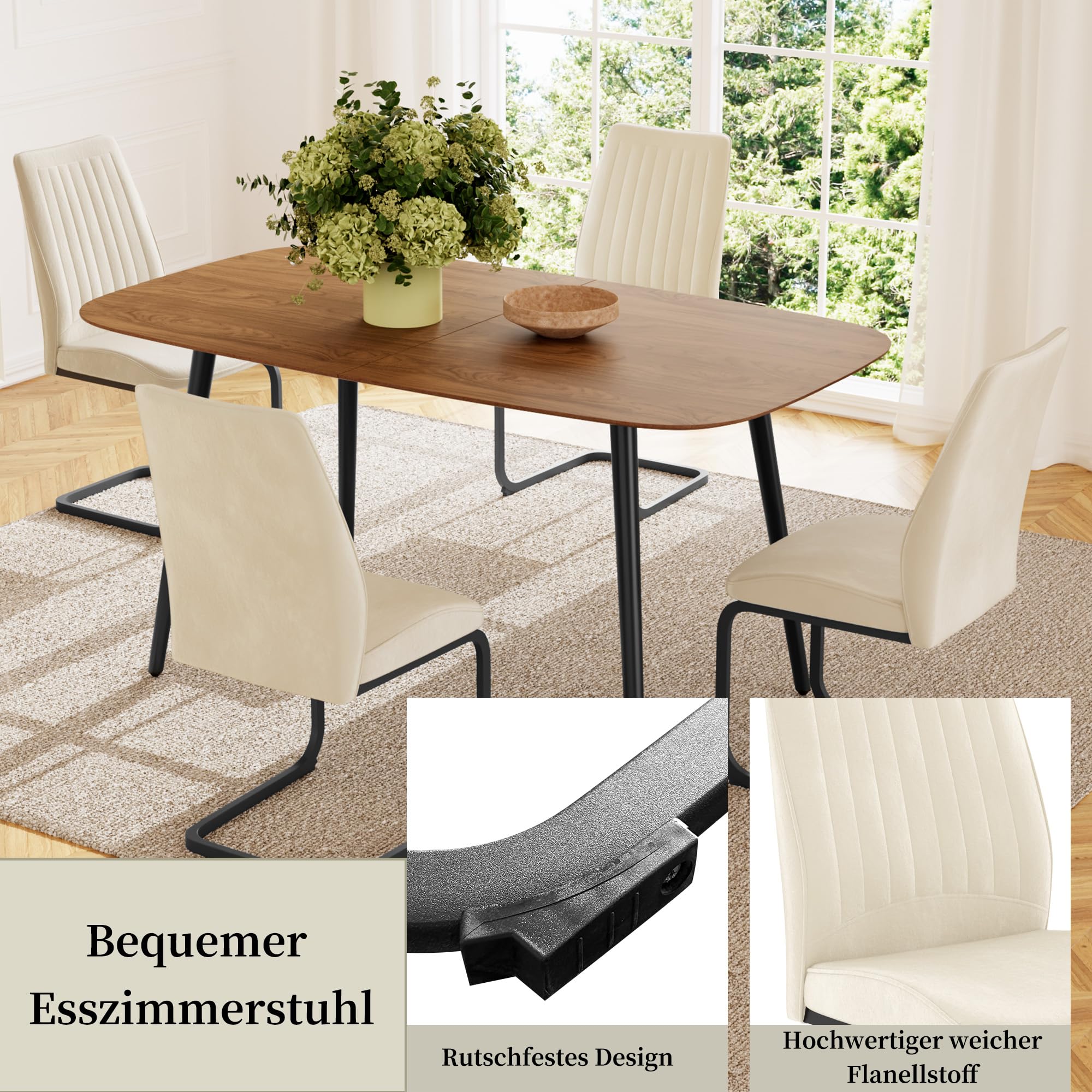JIEXI Esszimmerstühle 4er Set Beige, Freischwinger Schwingstuhl aus Samt mit schwarzem Metallgestell, gepolsterter Küchenstuhl ohne Armlehnen mit hoher Rückenlehne für Esszimmer Küche