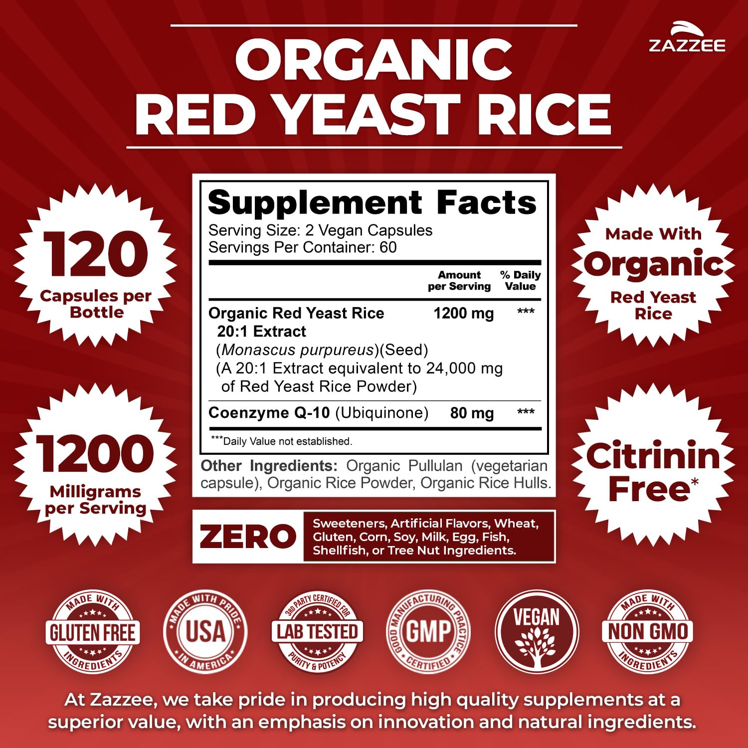 Zazzee Organic Red Yeast Rice 20:1 Extract with 80 mg CoQ10, Citrinin-Free — Amazon image 2