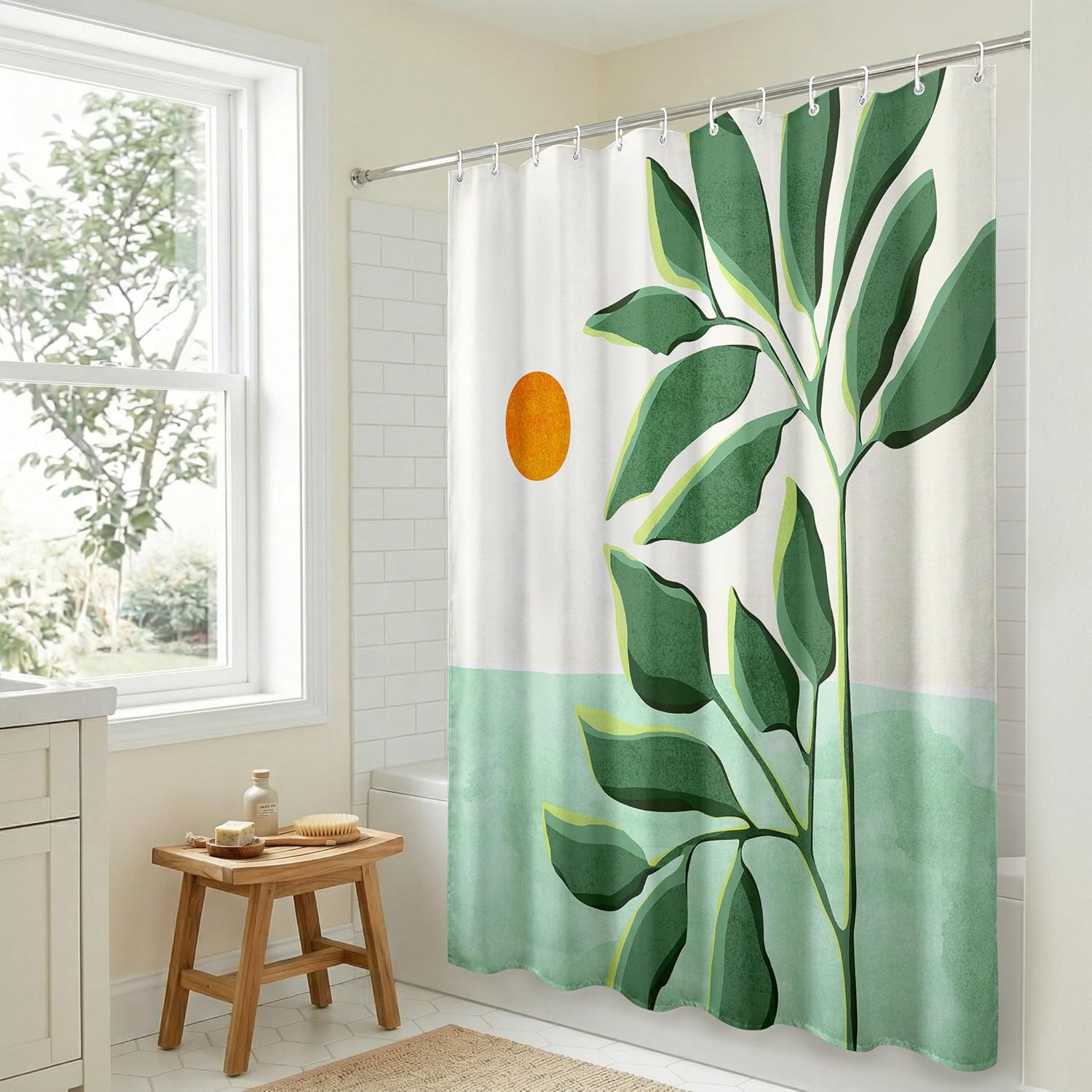 Americanflat 71x74 Boho Shower Curtain - Water-Resistant Long Shower Curtain with Durable Metal Grommets and 12 Hooks - 100% Polyester - Ivory, Burnt Orange and Green Bathroom Curtains