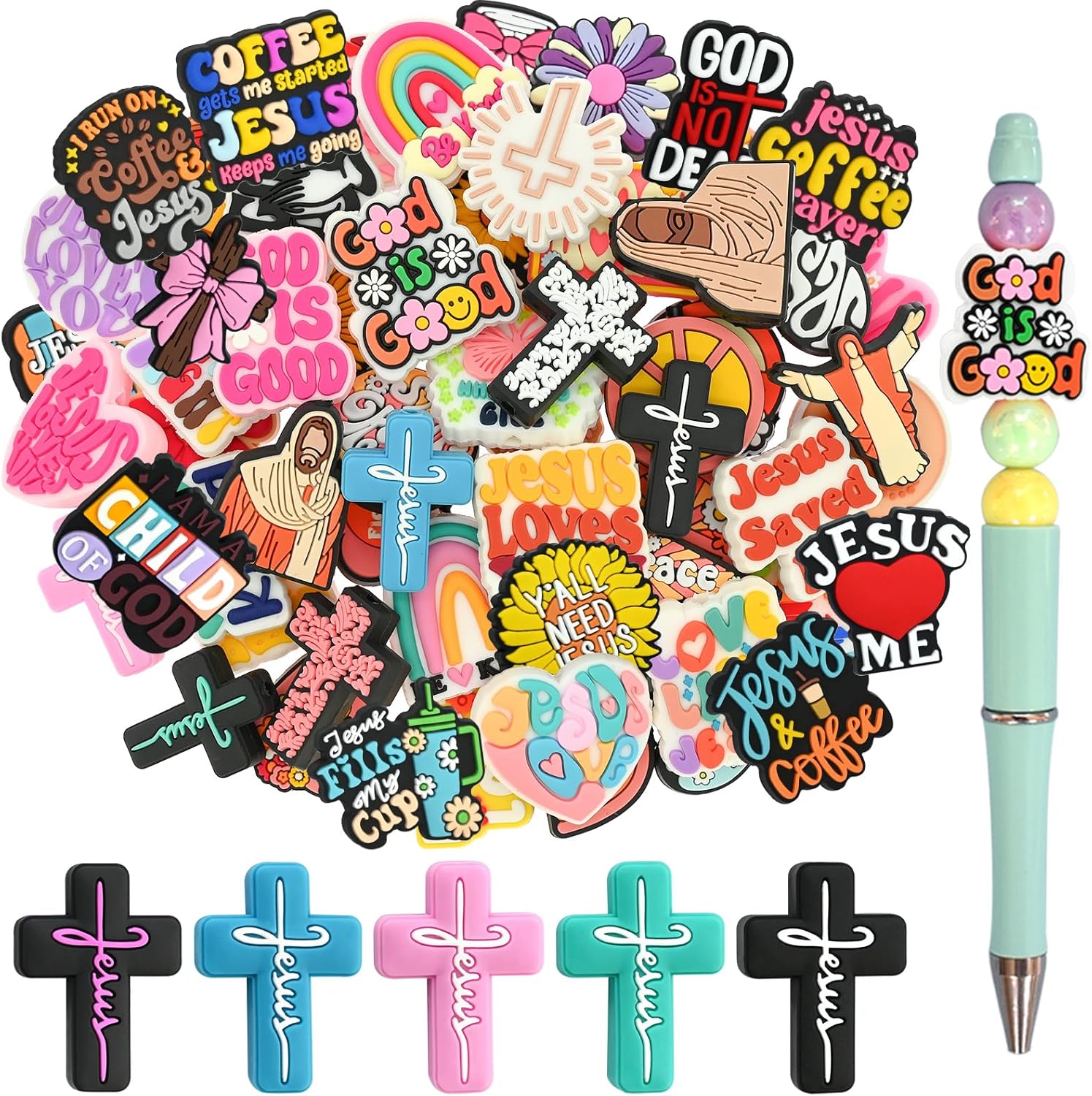 XHAOYEAHX 100PCS Jesus Focal Beads for pens, Bulk Silicone Focal Beads for DIY Beadable Pen Keychain Bracelet Lanyard Making