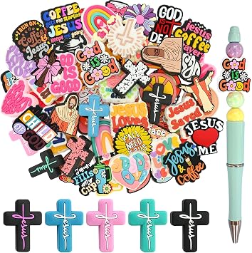 100PCS Jesus Focal Beads forPens, Bulk Silicone Focal Beads for DIY Beadable Pen Keychain Bracelet Lanyard Making