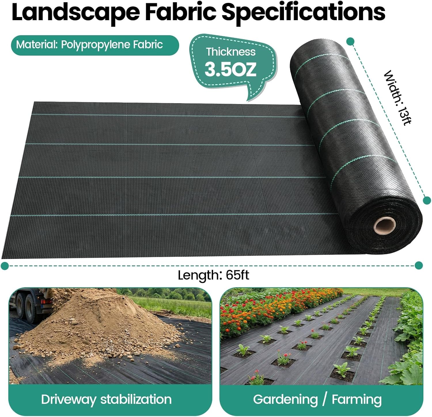 Driveway Fabric 13x65FT, 3.5OZ Commercial Weed Barrier Fabric Heavy Duty Landscape Fabric, Weed Blocker Fabric, Weed Fabric for Garden Weed Barrier, Erosion Control, Road Construction Project