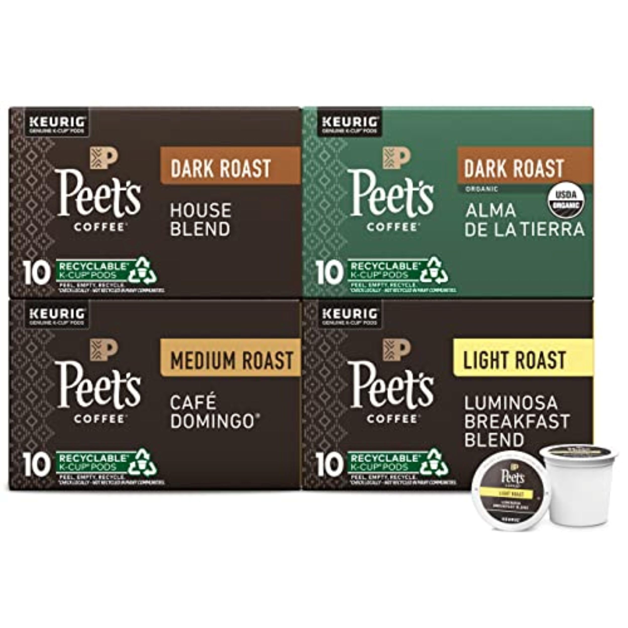 Peet's Coffee, Keurig K-Cup Pods Variety Pack - Luminosa Breakfast Blend, Café Domingo, Organic Alma De La Tierra, House Blend, 40 Count (4 Boxes of 10 Pods)
