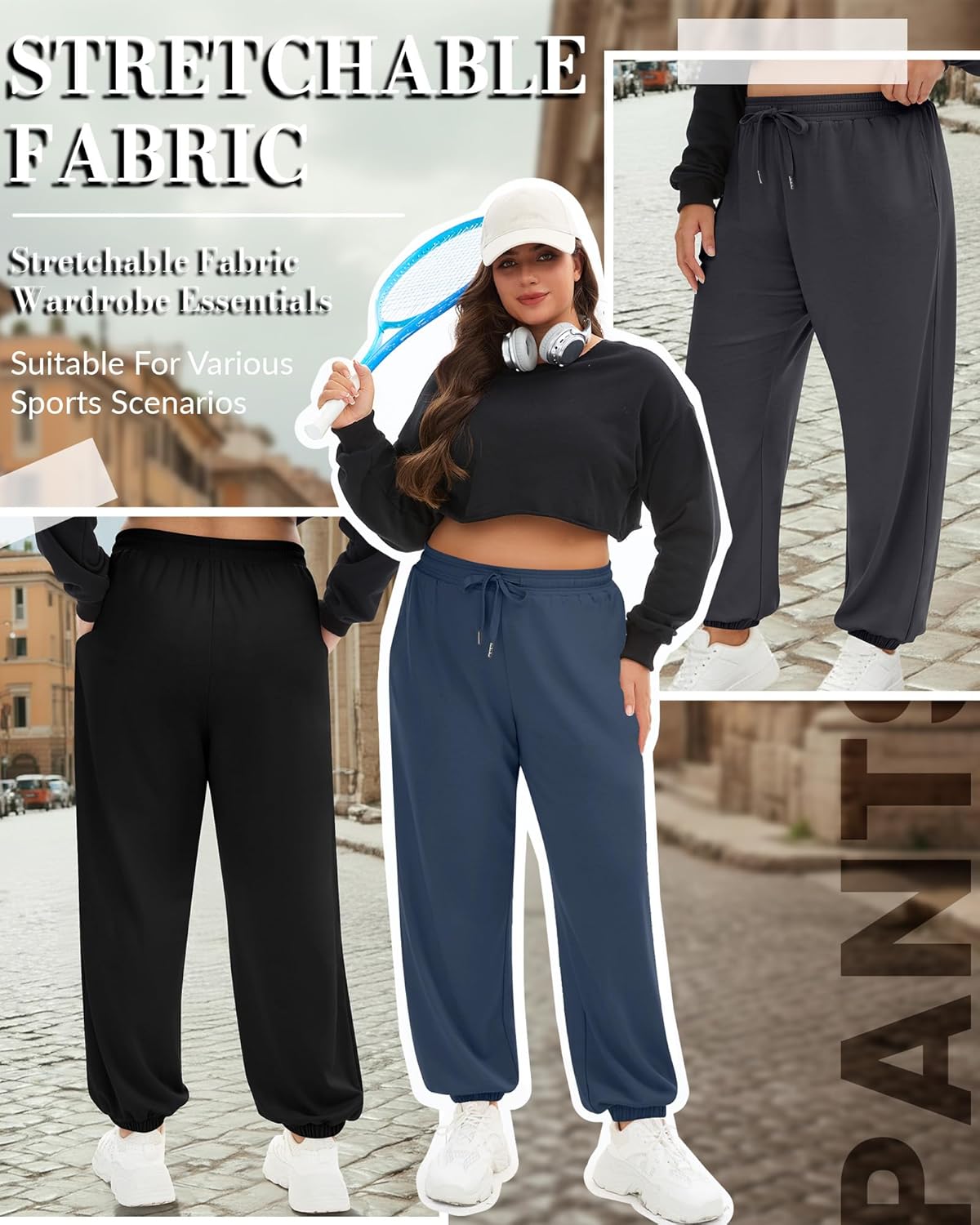 4 Pack Women's Plus Size Sweatpants, Drawstring Loose Fit Joggers Pants Comfy Casual Athletic Pants with Pockets - Image 5