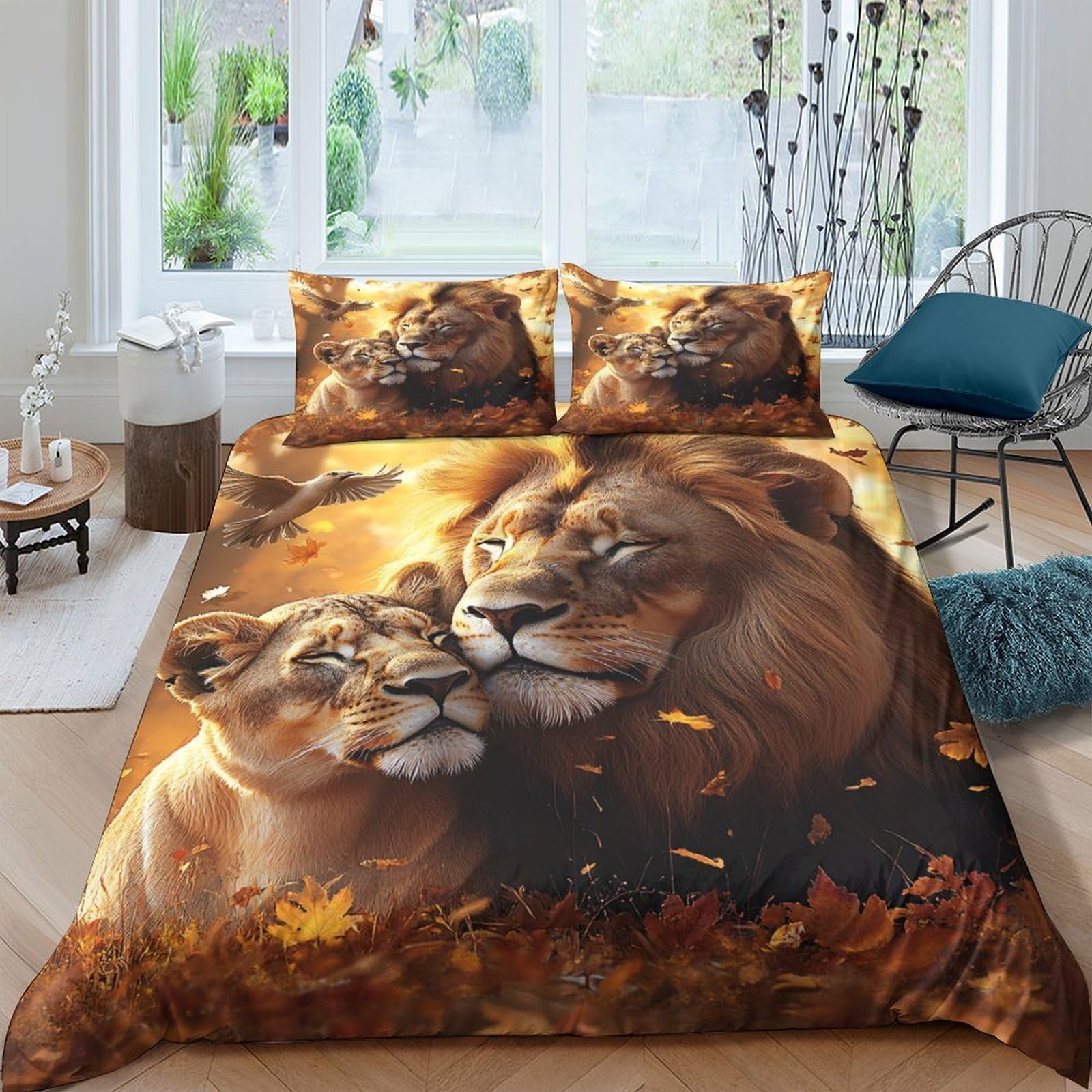 Ctjqhvkz Style-7 3D Printed Lion Couple Fitted Sheet Microfiber Soft Non-Slip Autumn Forest Bed Cover For Bedroom Dorm Mattress Decor Single（135X200cm）