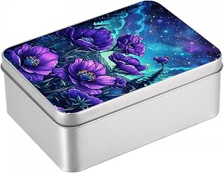 Rectangular Metal Tin Box with Lid, 4.92" x 3.54" x 1.9" Durable Small Metal Storage Container, Reusable Tinplate Organizer Box for Crafts, Candy, Keys, Gifts & DIY – Purple Flowers
