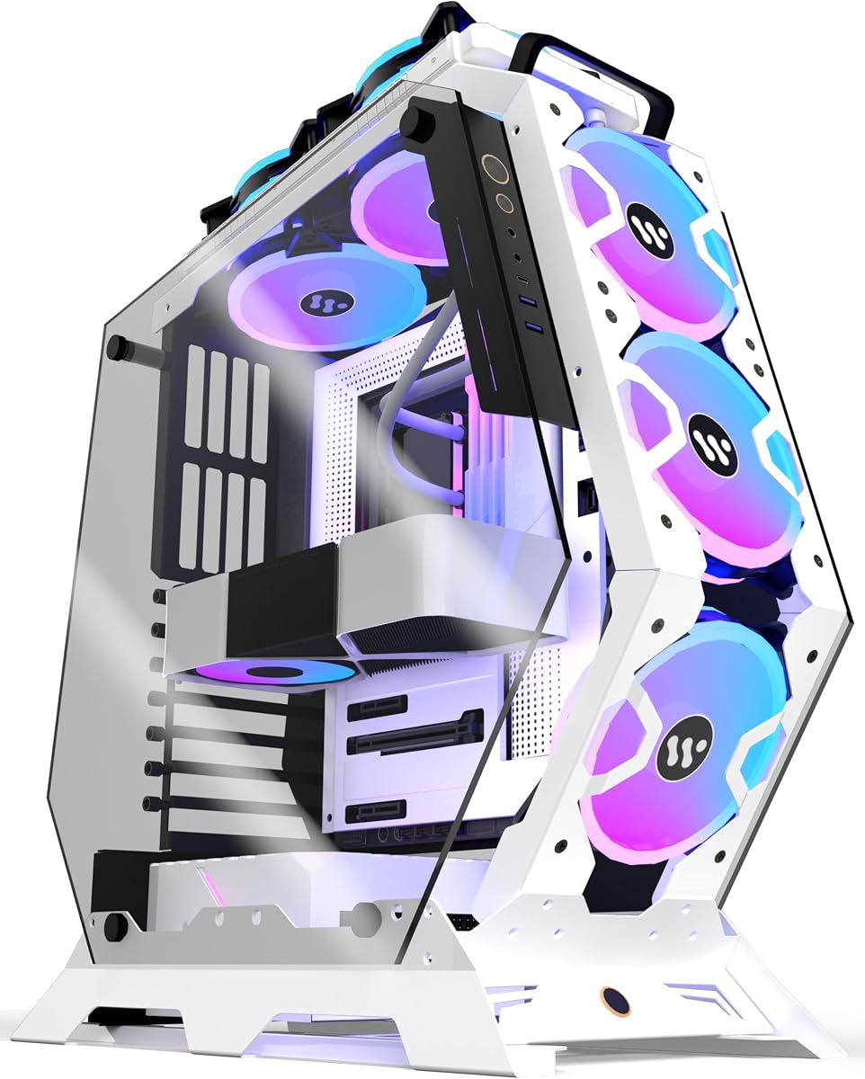 PC Case C570 ATX Mid Tower Caja de marco abierto para computadora de juegos de vidrio templado con 5 ventiladores PWM ARGB (blanco C570)