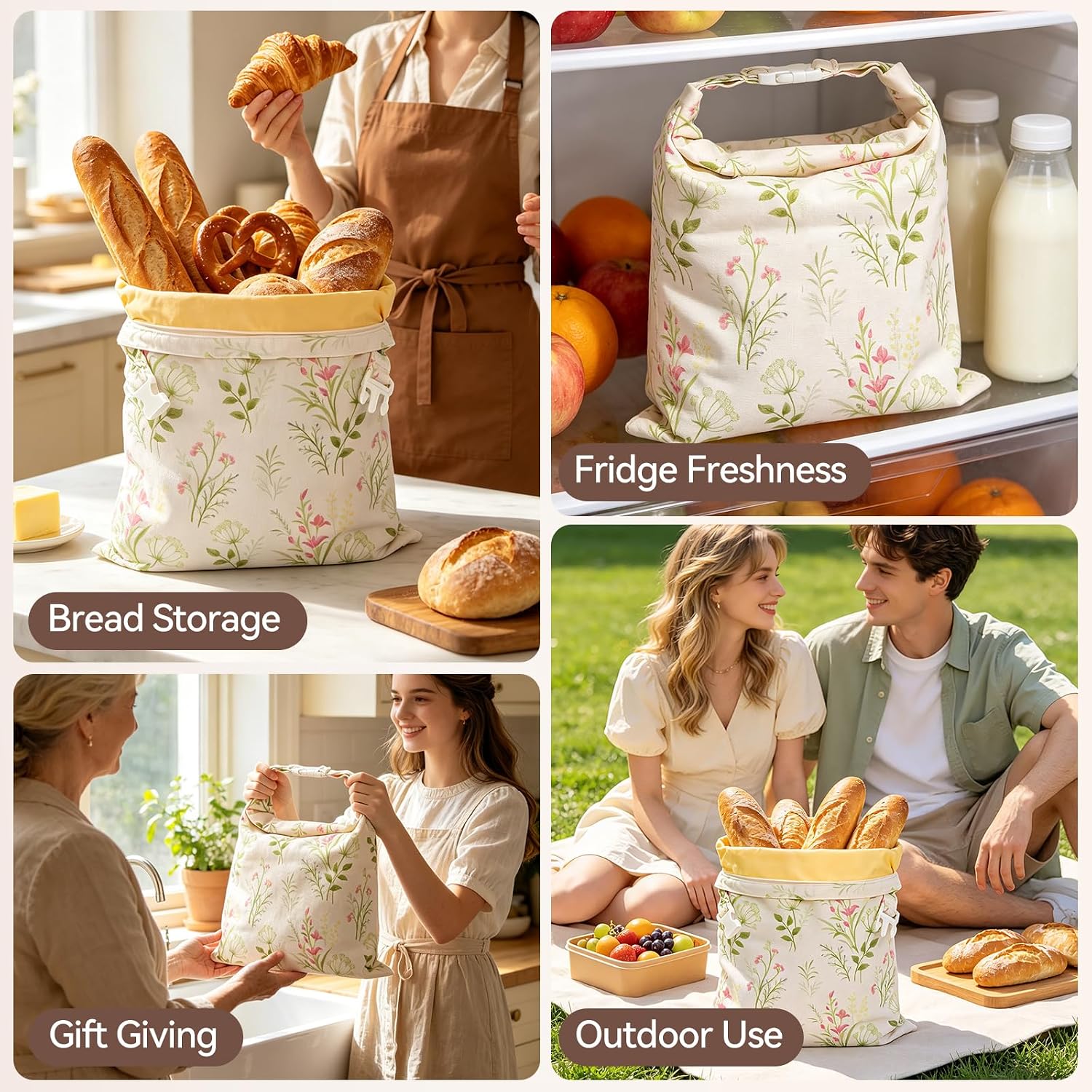 2 Pack Beeswax Bread Bags for Sourdough, Reusable XL Zipper Cotton-Linen Bread Bags for Homemade Bread, Keep Fresh Longer for Bakery, Loaves, Pastry (2, Colorful Flowers)